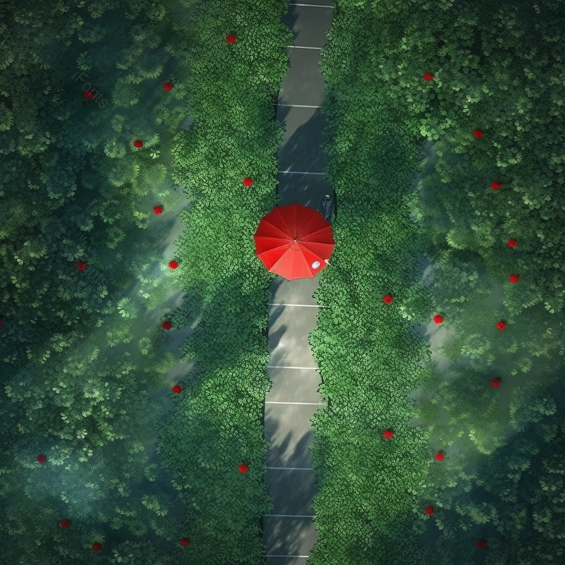 公园里碧绿的丛林小路中间撑起一把红色的伞创意插画背景,插画/手绘图,插画/手绘图库,插画/手绘图下载,插画/手绘